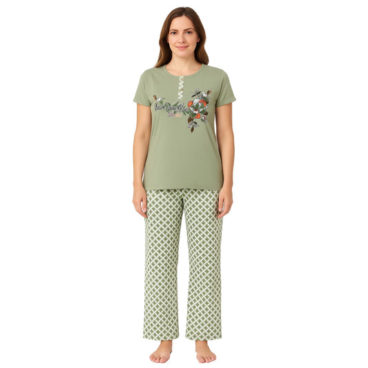 KOMFIEZ Women’s 2-Piece Pajama Set – Sage Serenity – “Love Yourself The Best” Floral Tee & Printed Lounge Pants – One Size Fits Most (S–XL)