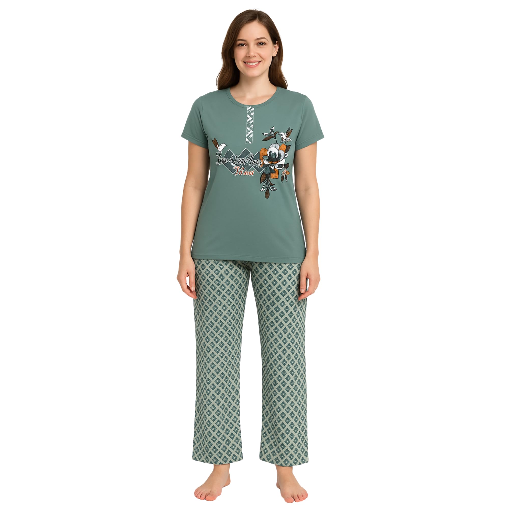 KOMFIEZ Women’s Pajama Set – Stone Sage – 2-Piece Soft Cotton Lounge Sleepwear with “Love Yourself” Floral Tee & Capri Pants – One Size Fits Most (S–XL)