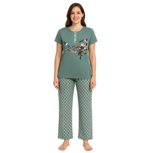 KOMFIEZ Women’s Pajama Set – Stone Sage – 2-Piece Soft Cotton Lounge Sleepwear with “Love Yourself” Floral Tee & Capri Pants – One Size Fits Most (S–XL)