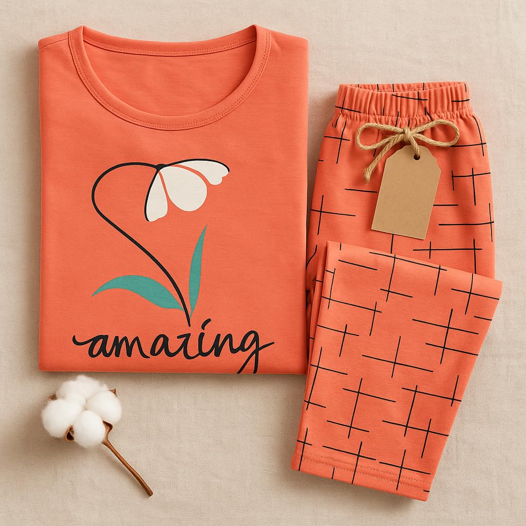 KOMFIEZ Women’s 2-Piece Pajama Set “Amazing” Floral Tee & Capri Pants Soft Cotton Multiple Colors One Size Fits Most (S–L)