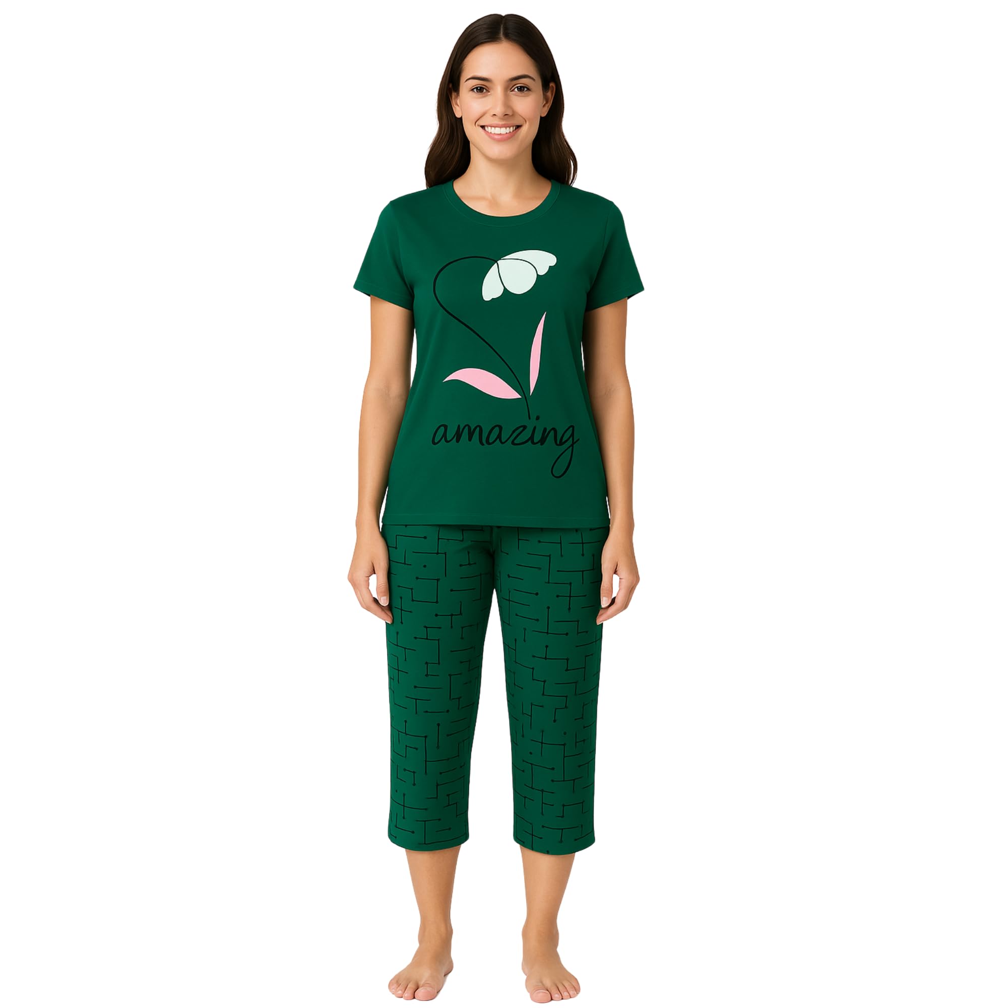 KOMFIEZ Women’s 2-Piece Pajama Set “Amazing” Floral Tee & Capri Pants Soft Cotton Multiple Colors One Size Fits Most (S–L)