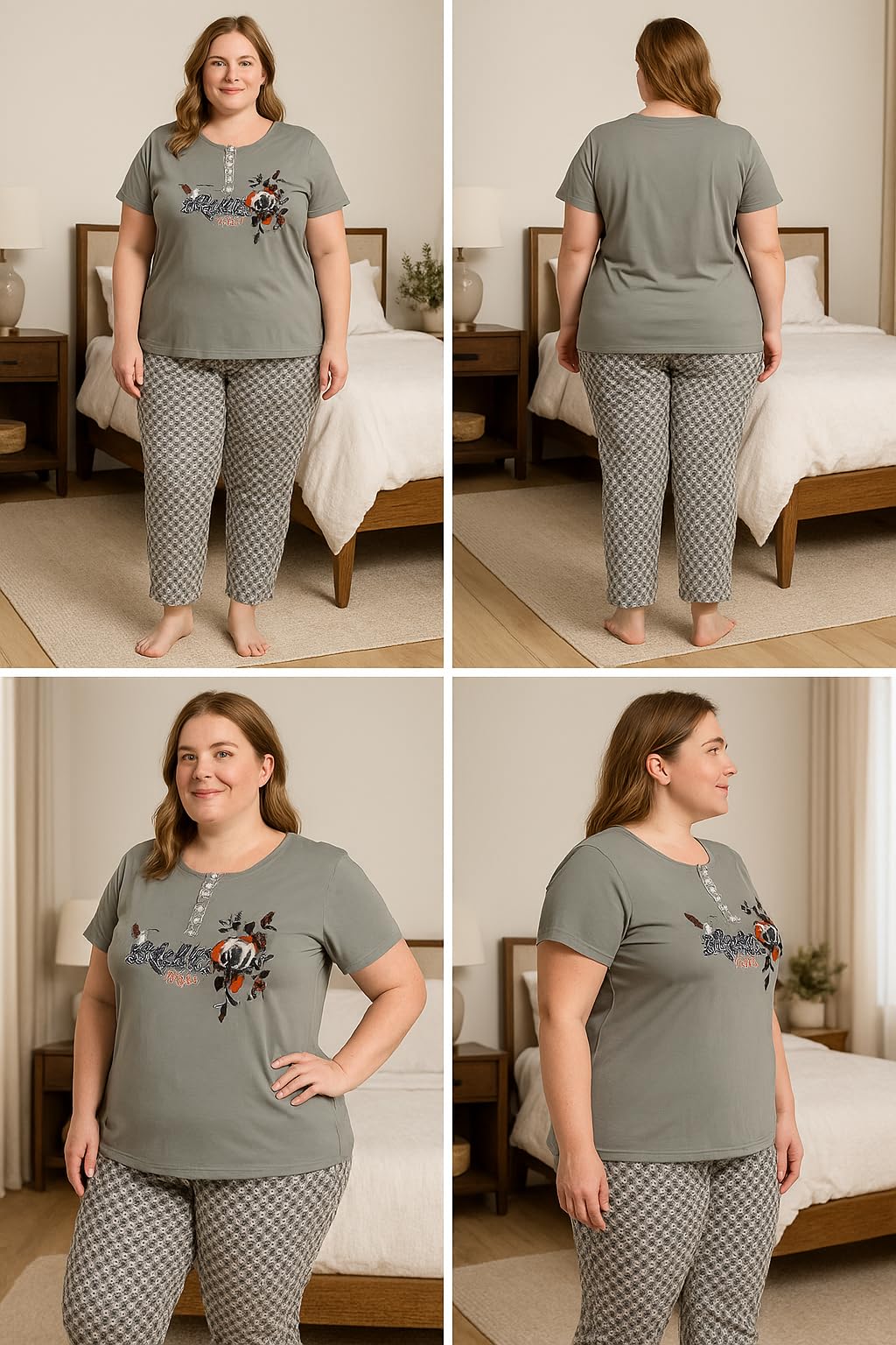 KOMFIEZ Women’s Pajama Set – Silver Mist – 2-Piece Soft Cotton Lounge Sleepwear with “Love Yourself” Floral Tee & Printed Pants – One Size Fits Most (S–XL)