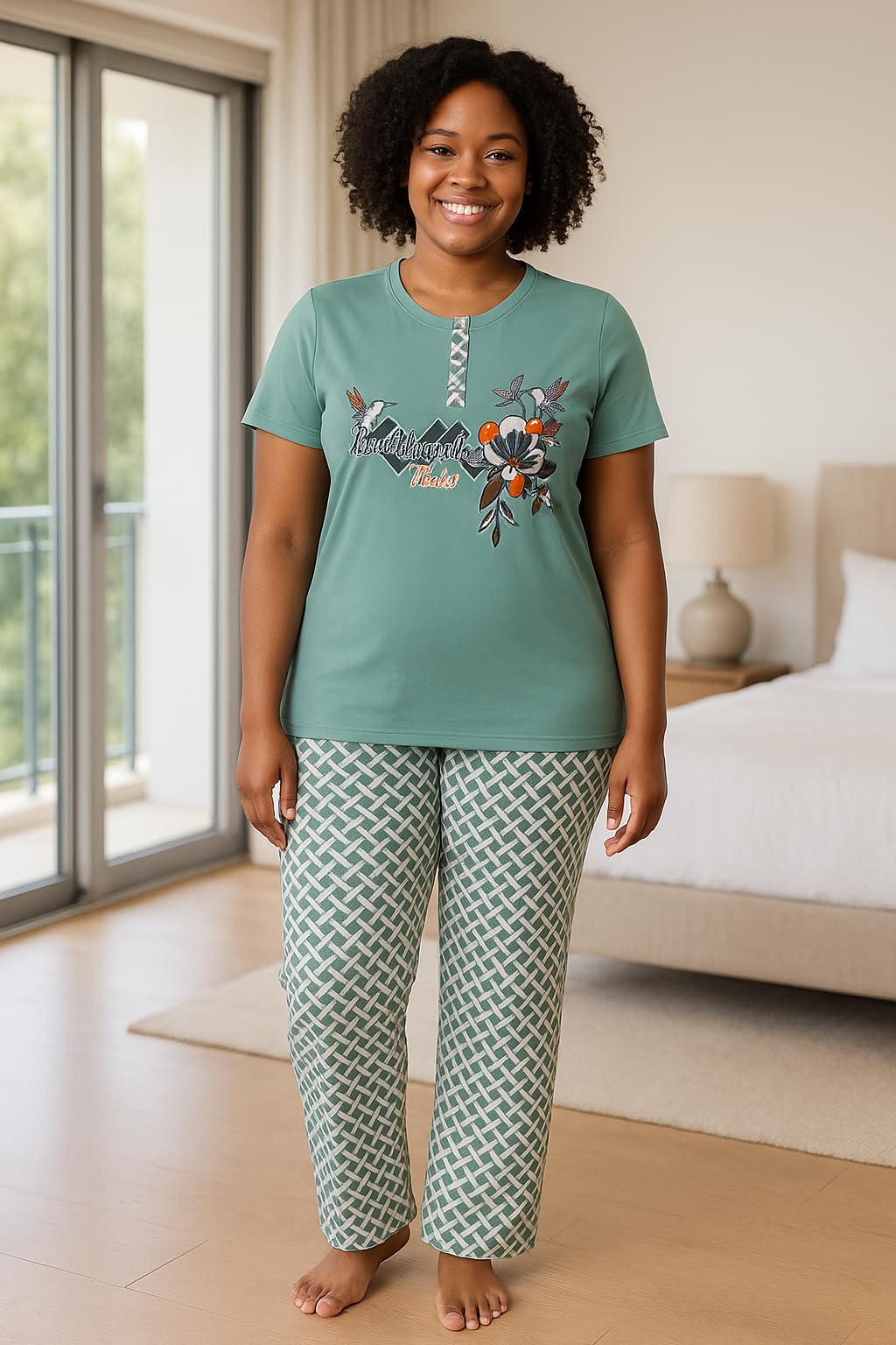KOMFIEZ Women’s Pajama Set – Stone Sage – 2-Piece Soft Cotton Lounge Sleepwear with “Love Yourself” Floral Tee & Capri Pants – One Size Fits Most (S–XL)