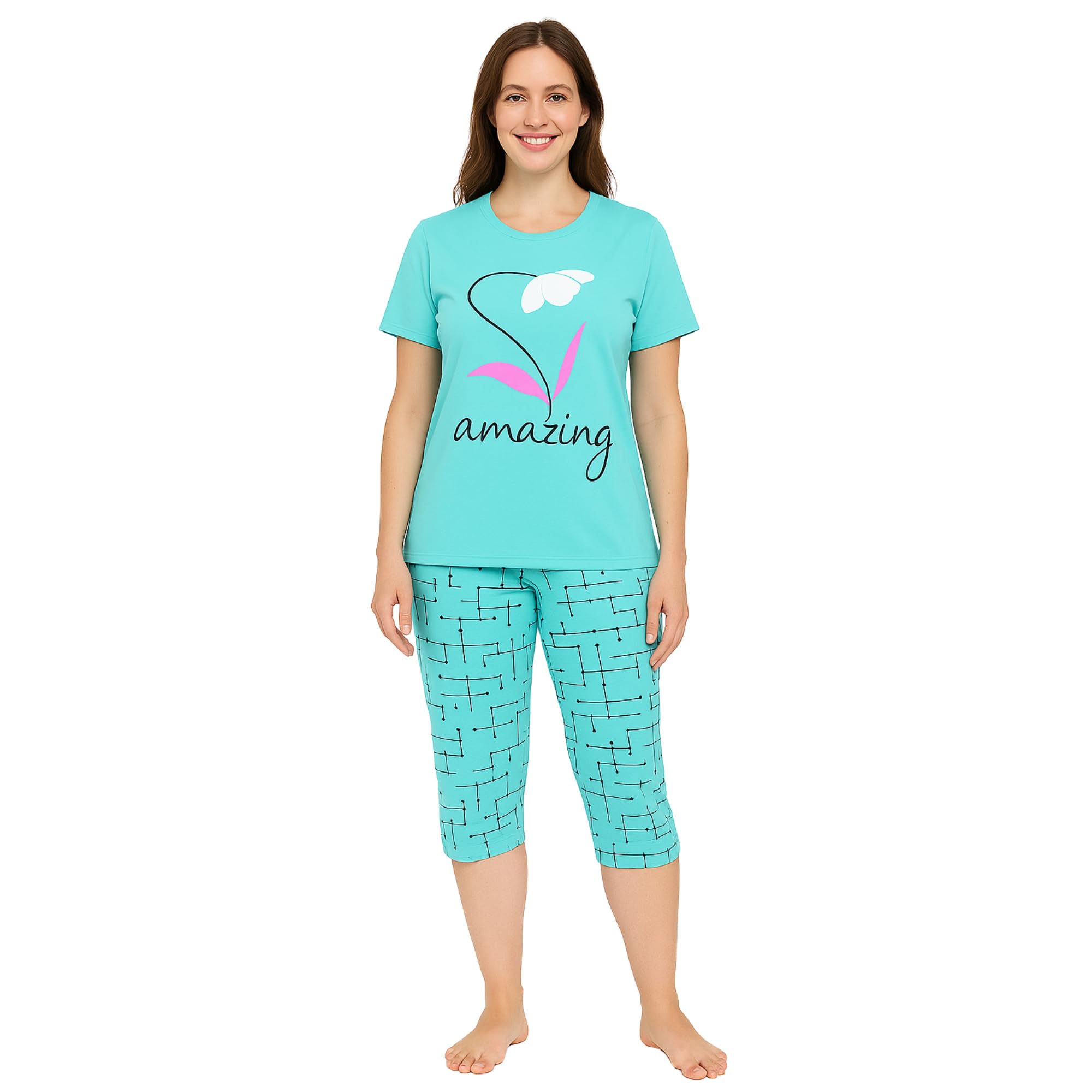 KOMFIEZ Women’s 2-Piece Pajama Set “Amazing” Floral Tee & Capri Pants Soft Cotton Multiple Colors One Size Fits Most (S–L)
