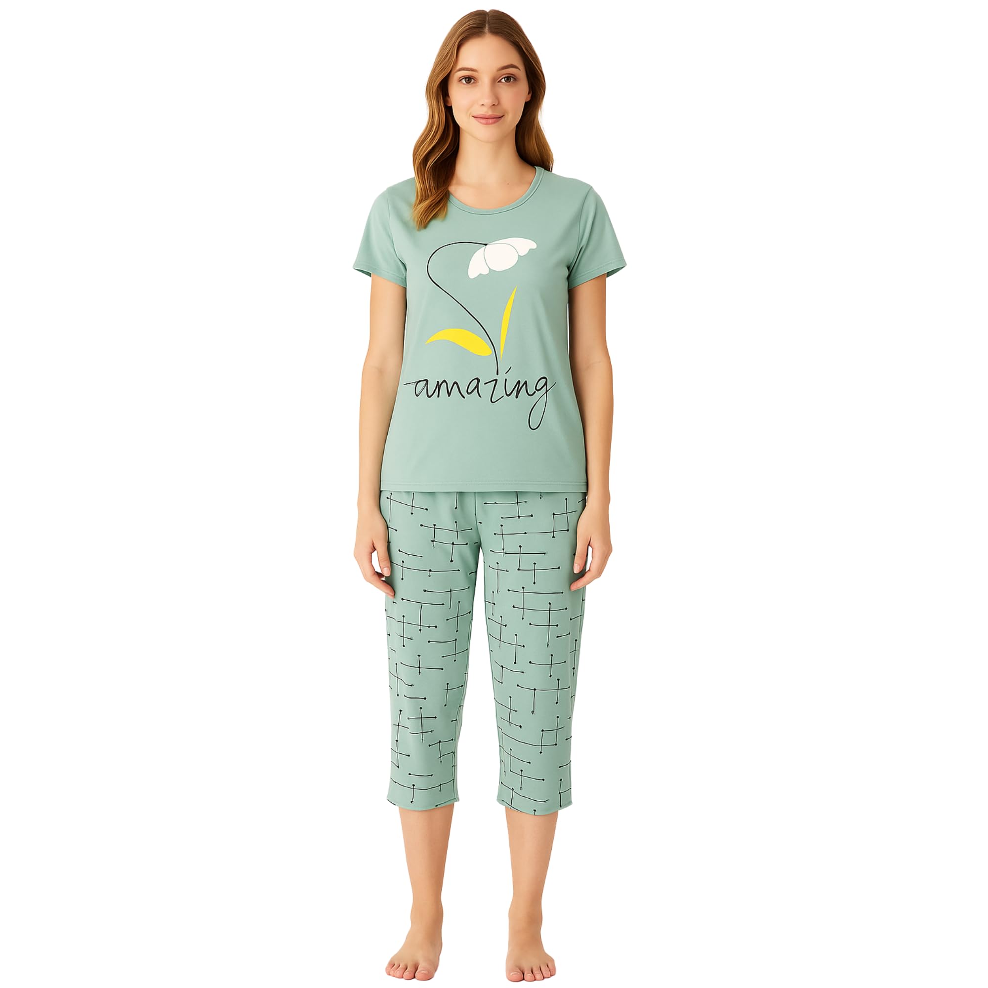 KOMFIEZ Women’s 2-Piece Pajama Set “Amazing” Floral Tee & Capri Pants Soft Cotton Multiple Colors One Size Fits Most (S–L)