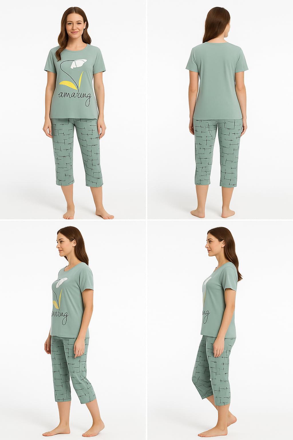 KOMFIEZ Women’s 2-Piece Pajama Set “Amazing” Floral Tee & Capri Pants Soft Cotton Multiple Colors One Size Fits Most (S–L)