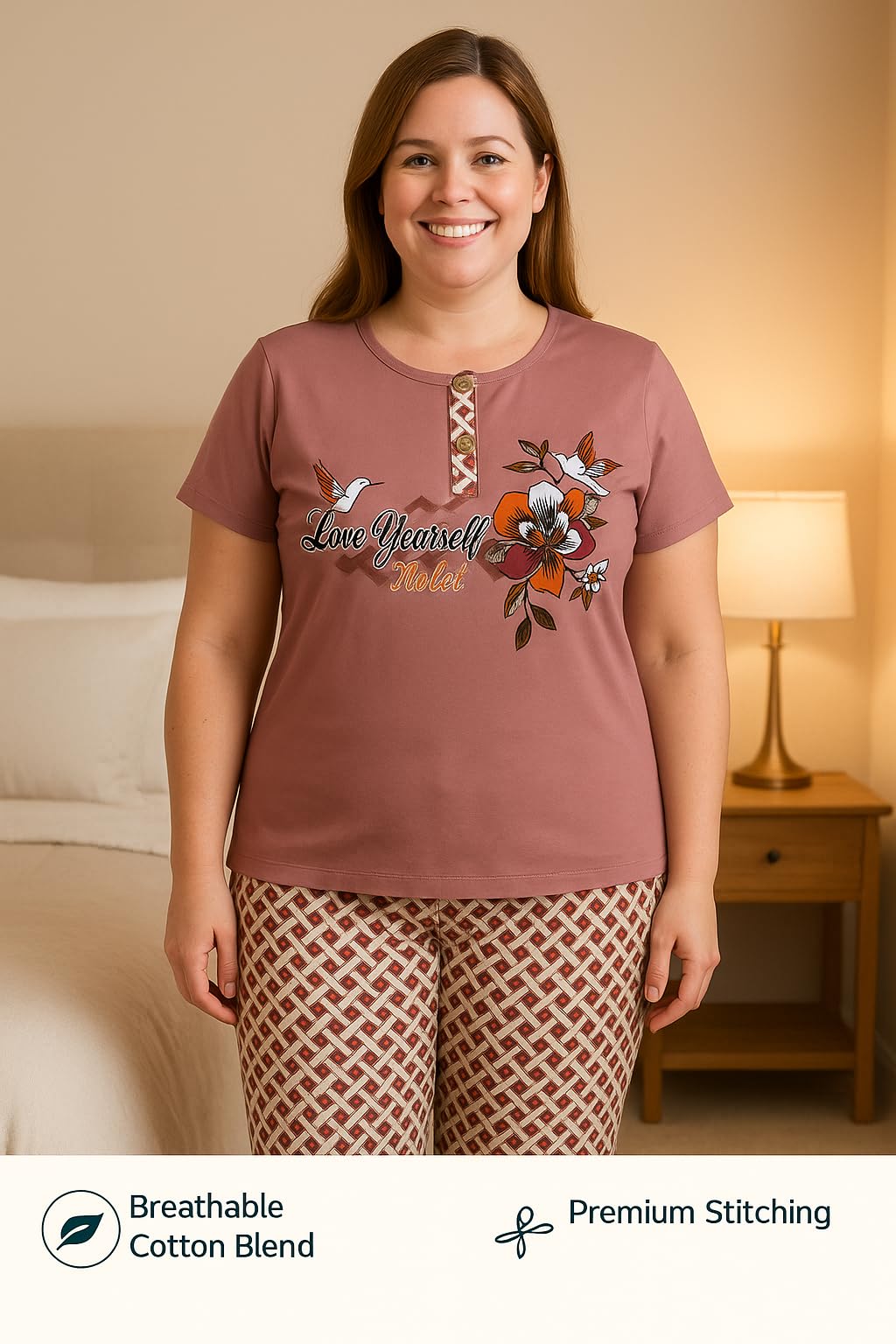 KOMFIEZ Women’s Pajama Set – Vintage Plum 2-Piece Cotton Lounge Set with “Love Yourself” Floral Print – One Size (S–XL)