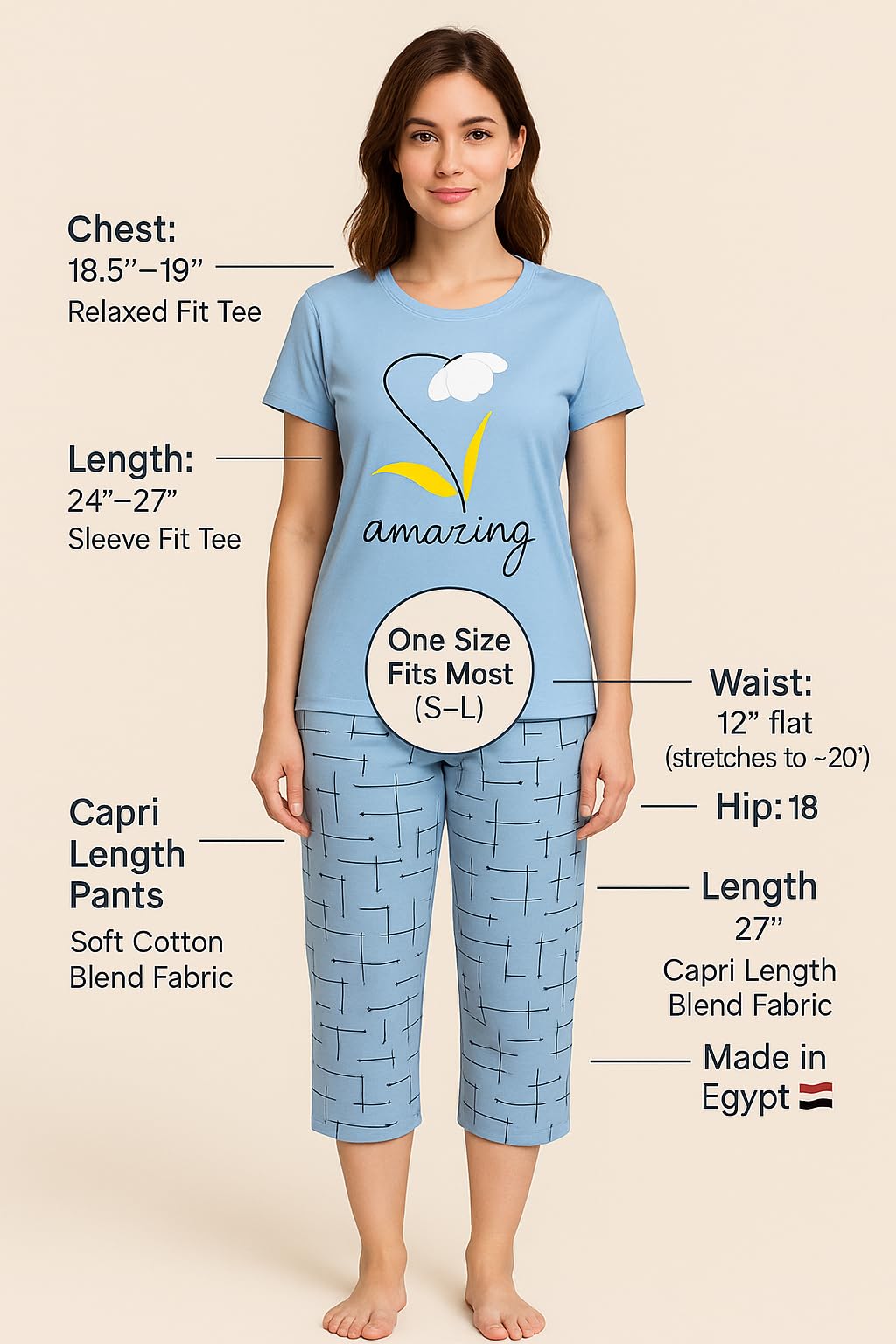 KOMFIEZ Women’s 2-Piece Pajama Set “Amazing” Floral Tee & Capri Pants Soft Cotton Multiple Colors One Size Fits Most (S–L)
