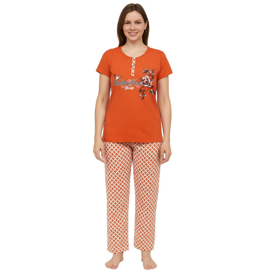 KOMFIEZ Women’s 2-Piece Pajama Set – Spiced Amber – “Love Yourself The Best” Floral Tee & Printed Lounge Pants – One Size Fits Most (S–XL)