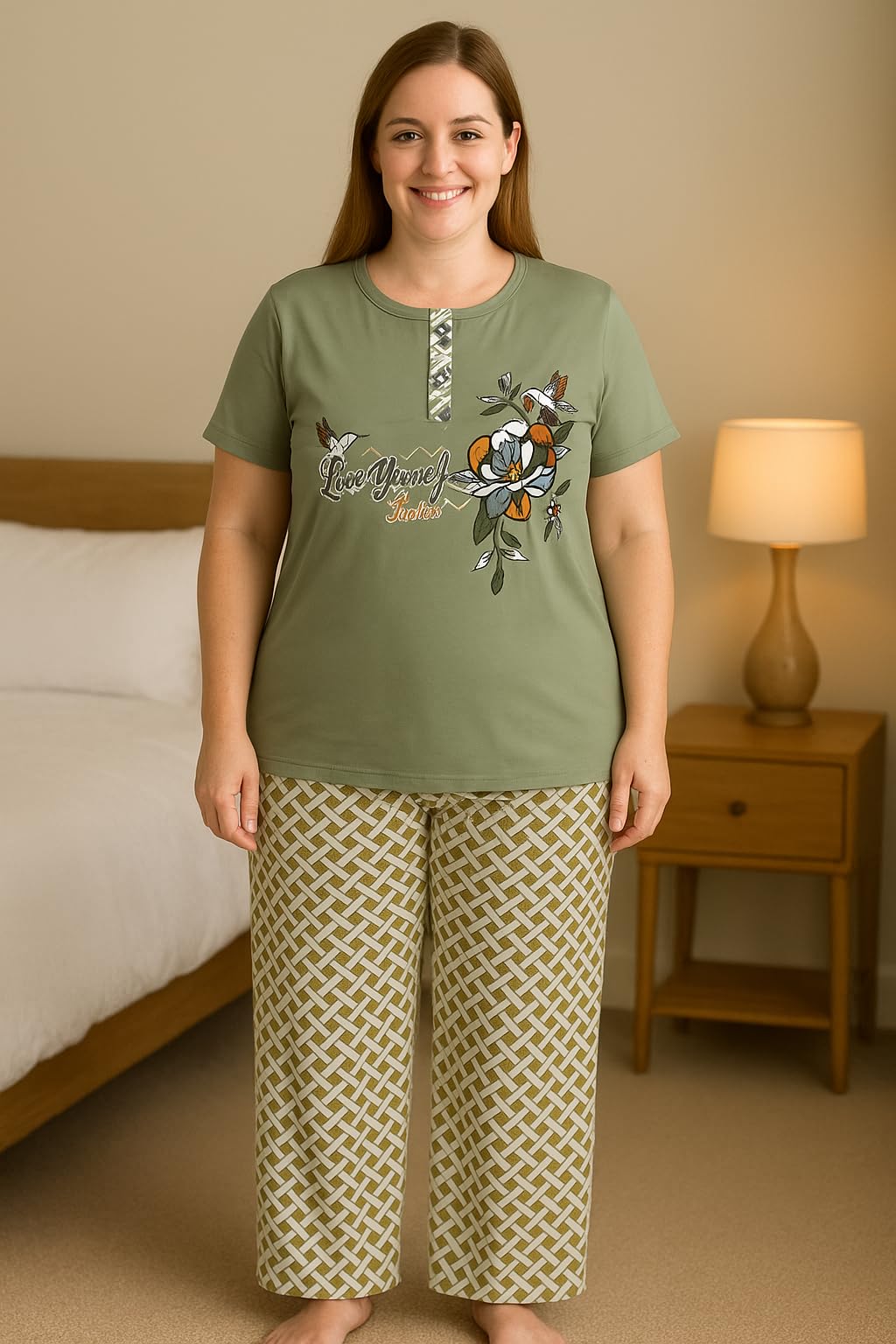 KOMFIEZ Women’s 2-Piece Pajama Set – Sage Serenity – “Love Yourself The Best” Floral Tee & Printed Lounge Pants – One Size Fits Most (S–XL)