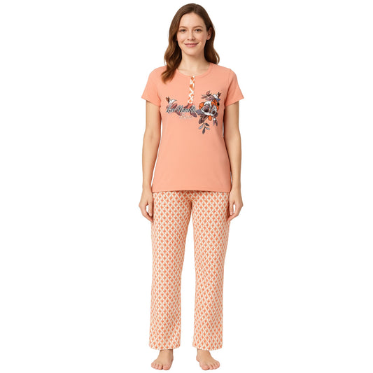 KOMFIEZ Women’s 2-Piece Pajama Set – Sunset Blush – “Love Yourself The Best” Floral Tee & Printed Lounge Pants – One Size Fits Most (S–XL)