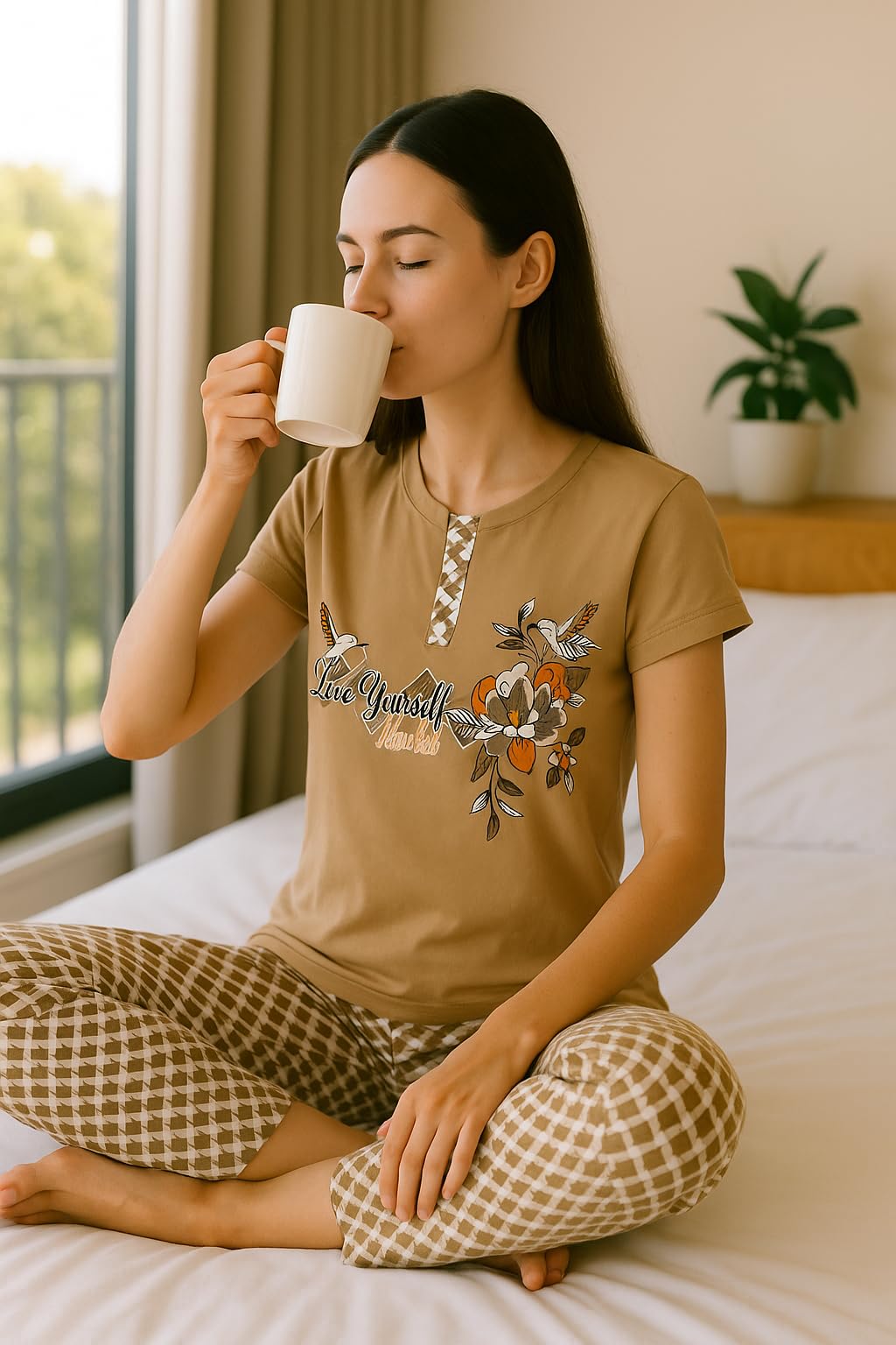 KOMFIEZ Women’s 2-Piece Pajama Set – Mocha Sand – “Love Yourself The Best” Floral Tee & Printed Lounge Pants – One Size Fits Most (S–XL)