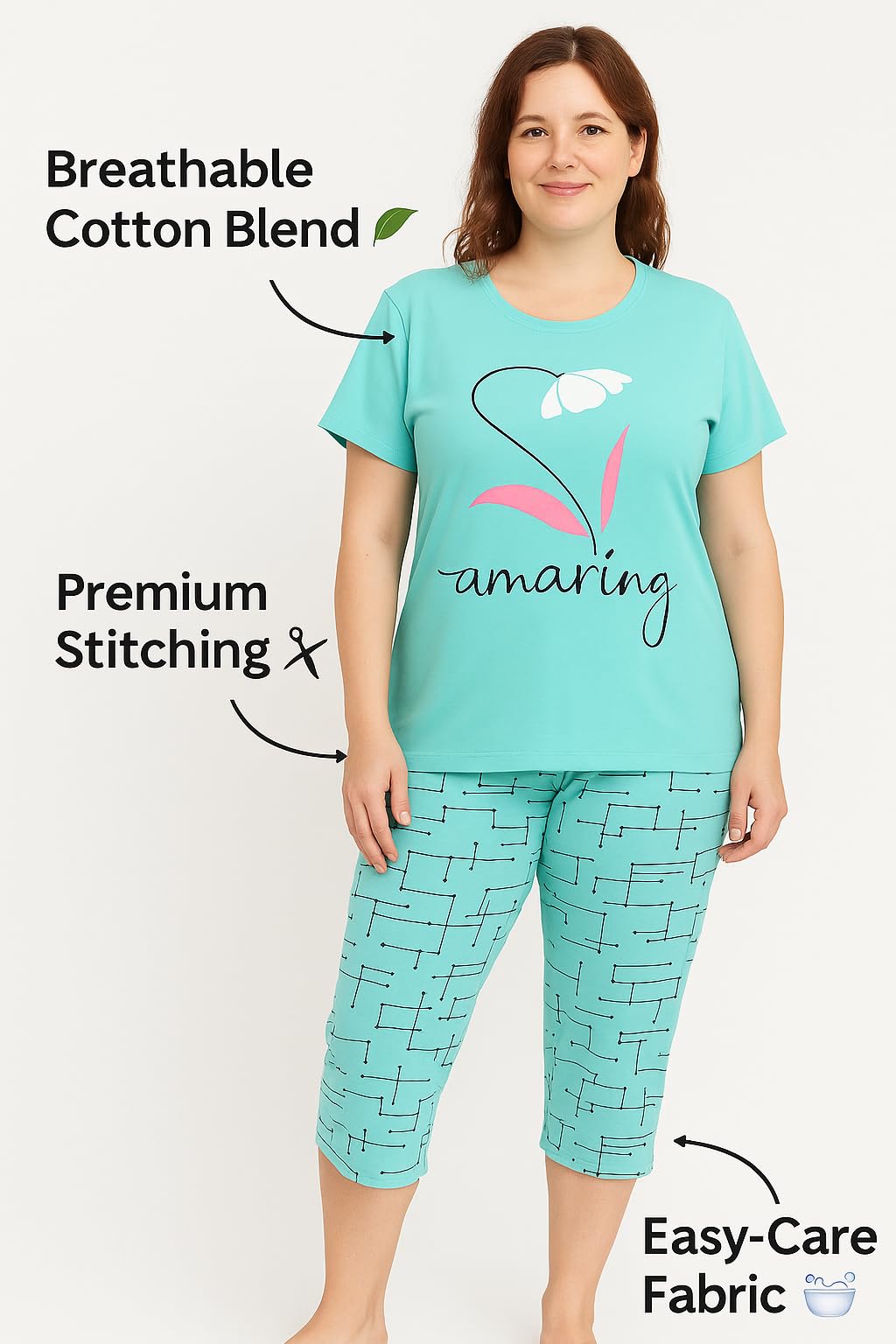 KOMFIEZ Women’s 2-Piece Pajama Set “Amazing” Floral Tee & Capri Pants Soft Cotton Multiple Colors One Size Fits Most (S–L)
