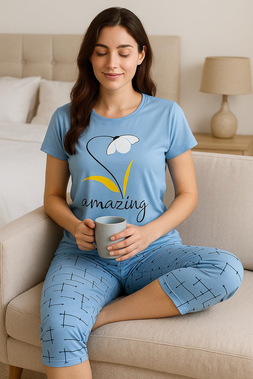 KOMFIEZ Women’s 2-Piece Pajama Set “Amazing” Floral Tee & Capri Pants Soft Cotton Multiple Colors One Size Fits Most (S–L)