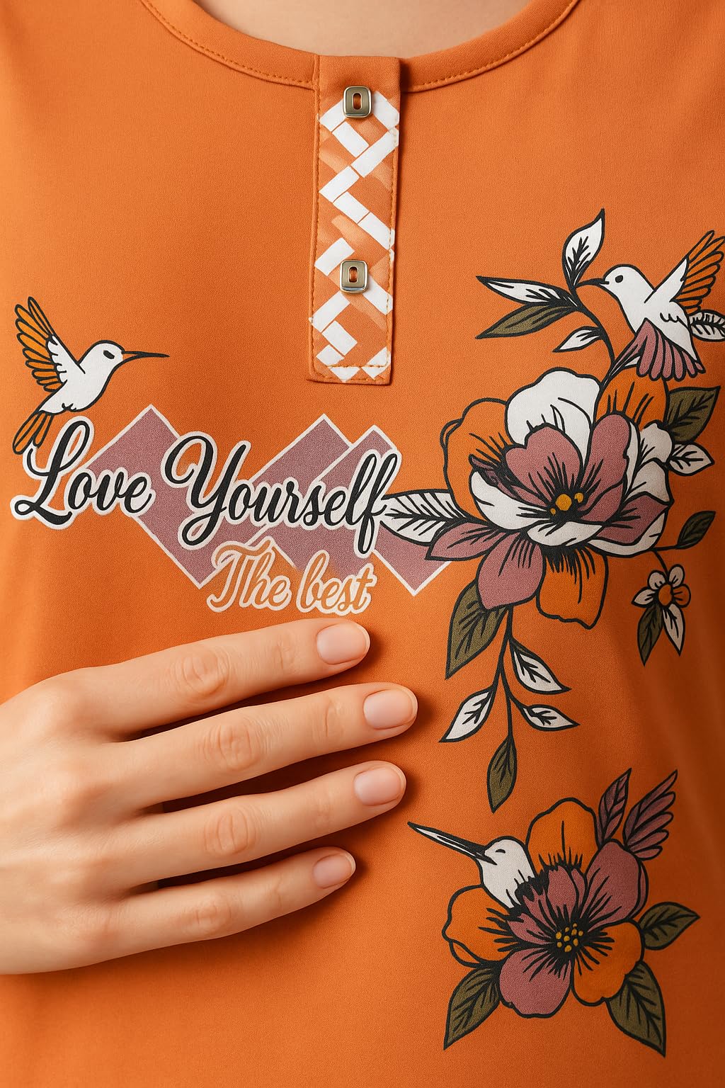 KOMFIEZ Women’s 2-Piece Pajama Set – Spiced Amber – “Love Yourself The Best” Floral Tee & Printed Lounge Pants – One Size Fits Most (S–XL)