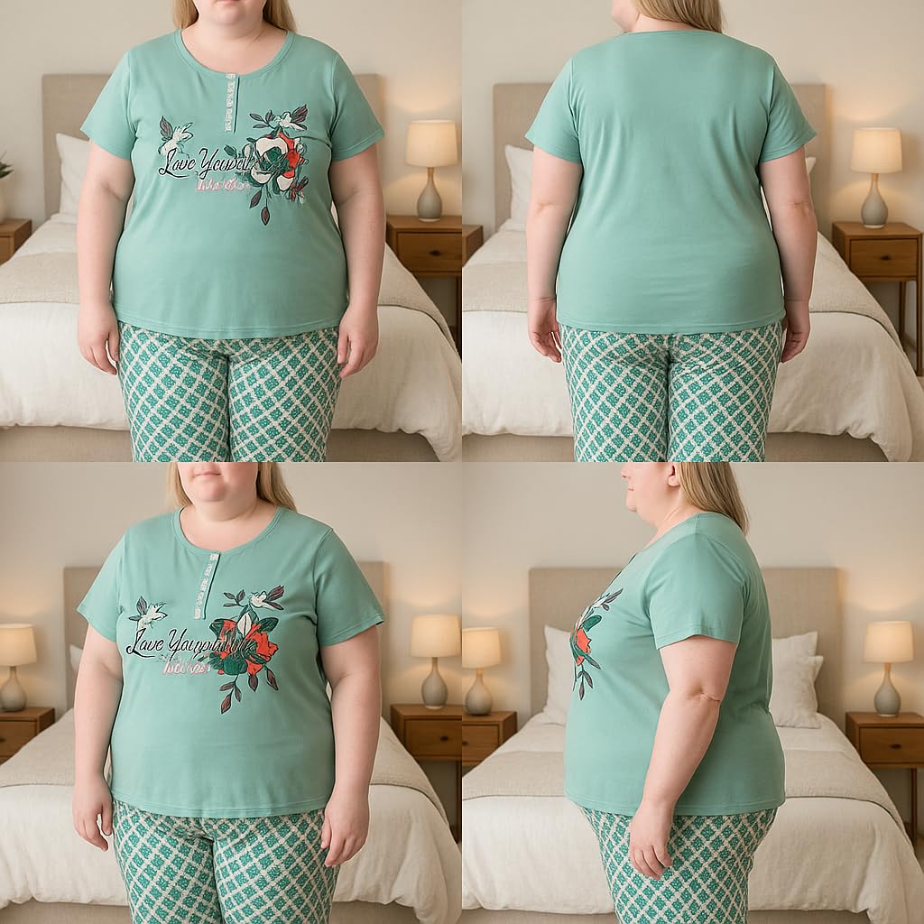 KOMFIEZ Women’s Pajama Set – Ocean Mint 2-Piece Cotton Lounge Set with “Love Yourself” Floral Print – One Size (S–XL)
