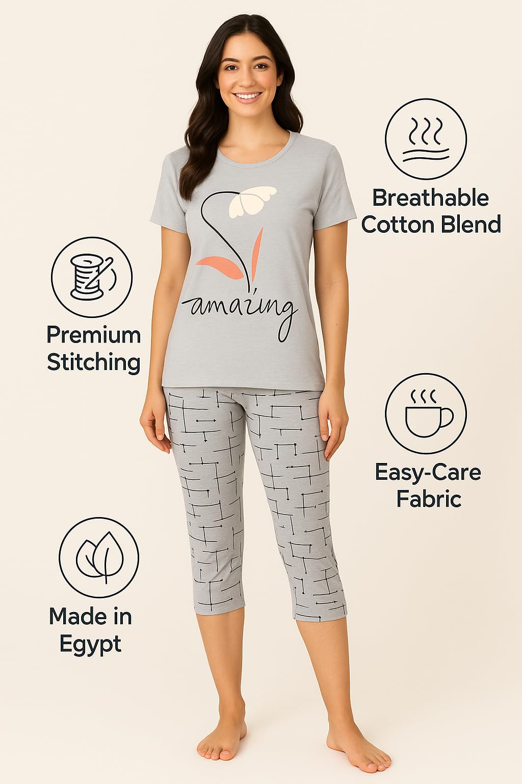 KOMFIEZ Women’s 2-Piece Pajama Set “Amazing” Floral Tee & Capri Pants Soft Cotton Multiple Colors One Size Fits Most (S–L)