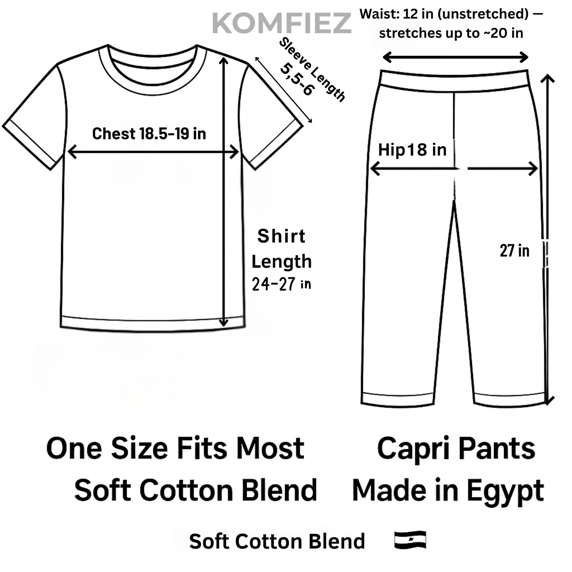 KOMFIEZ Women’s 2-Piece Pajama Set “Amazing” Floral Tee & Capri Pants Soft Cotton Multiple Colors One Size Fits Most (S–L)