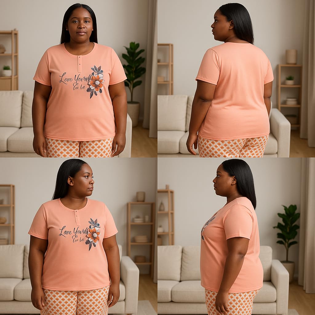 KOMFIEZ Women’s 2-Piece Pajama Set – Sunset Blush – “Love Yourself The Best” Floral Tee & Printed Lounge Pants – One Size Fits Most (S–XL)