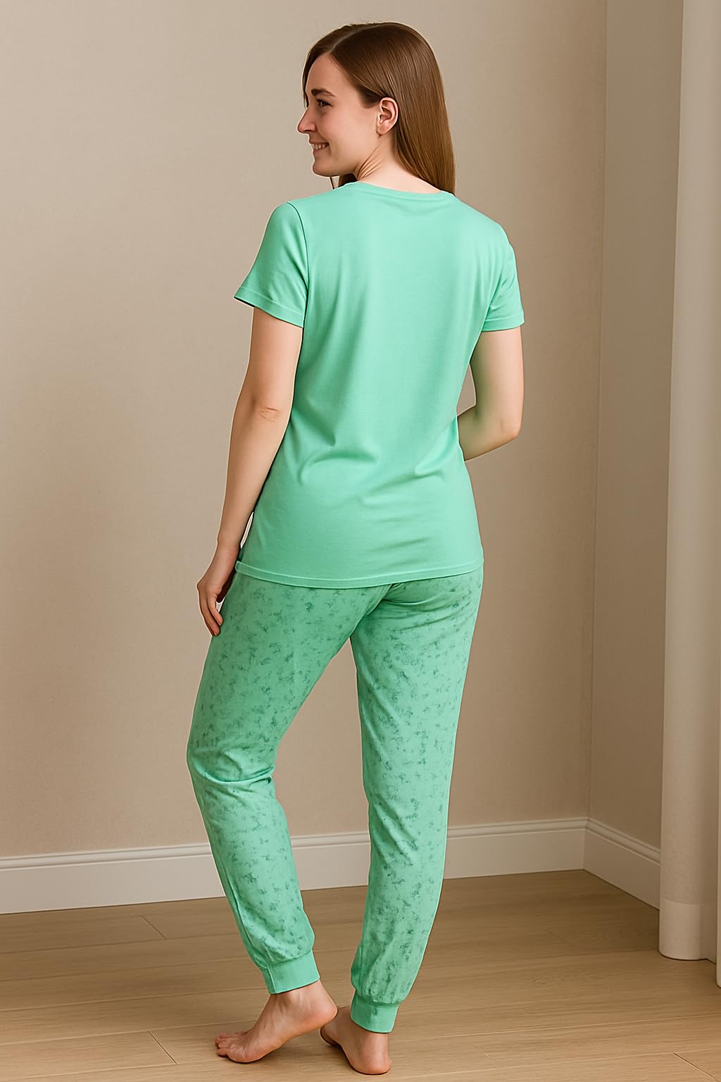 KOMFIEZ Women’s TROPICA Pajama Set – Soft Cotton 2-Piece Loungewear with Printed Short Sleeve Top & Long Pants (S–L)