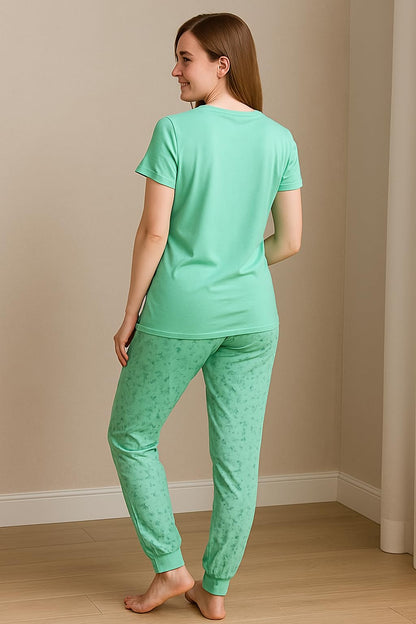 KOMFIEZ Women’s TROPICA Pajama Set – Soft Cotton 2-Piece Loungewear with Printed Short Sleeve Top & Long Pants (S–L)