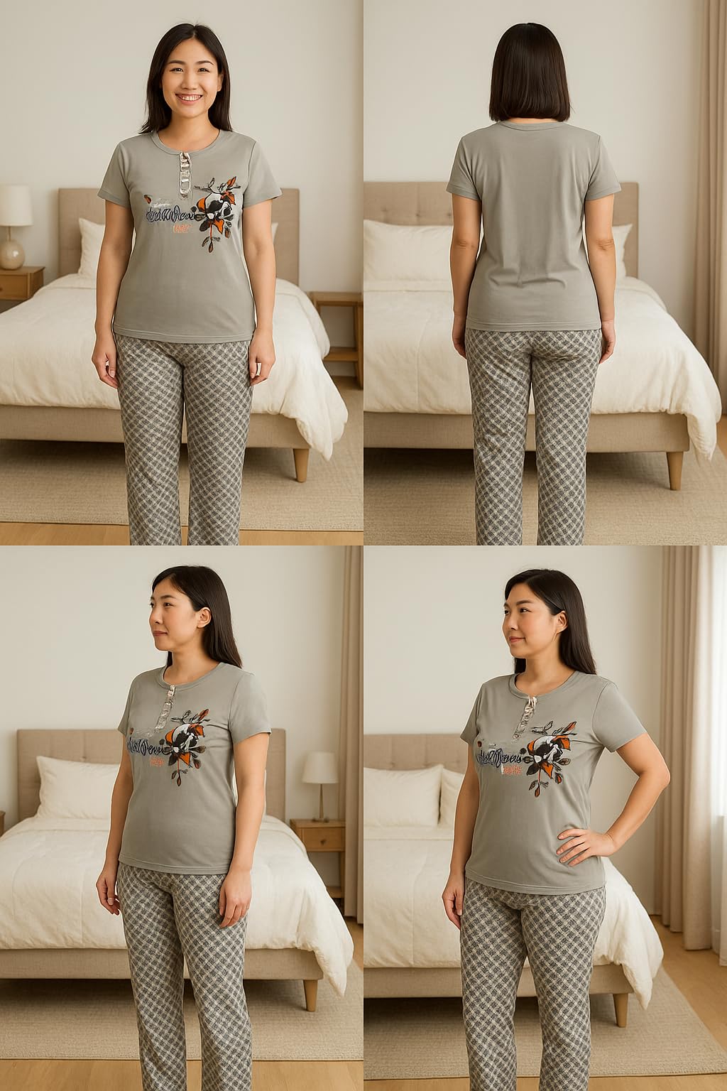 KOMFIEZ Women’s Pajama Set – Silver Mist – 2-Piece Soft Cotton Lounge Sleepwear with “Love Yourself” Floral Tee & Printed Pants – One Size Fits Most (S–XL)
