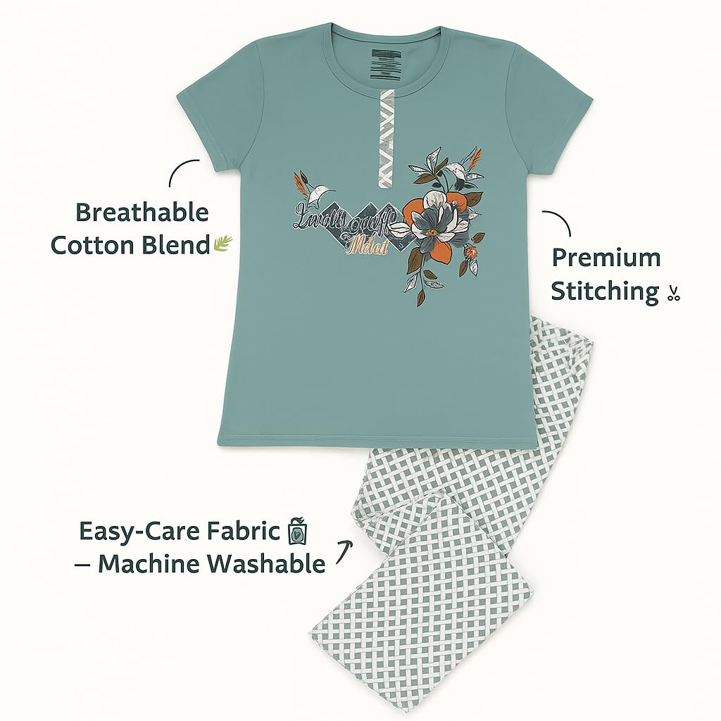 KOMFIEZ Women’s Pajama Set – Stone Sage – 2-Piece Soft Cotton Lounge Sleepwear with “Love Yourself” Floral Tee & Capri Pants – One Size Fits Most (S–XL)