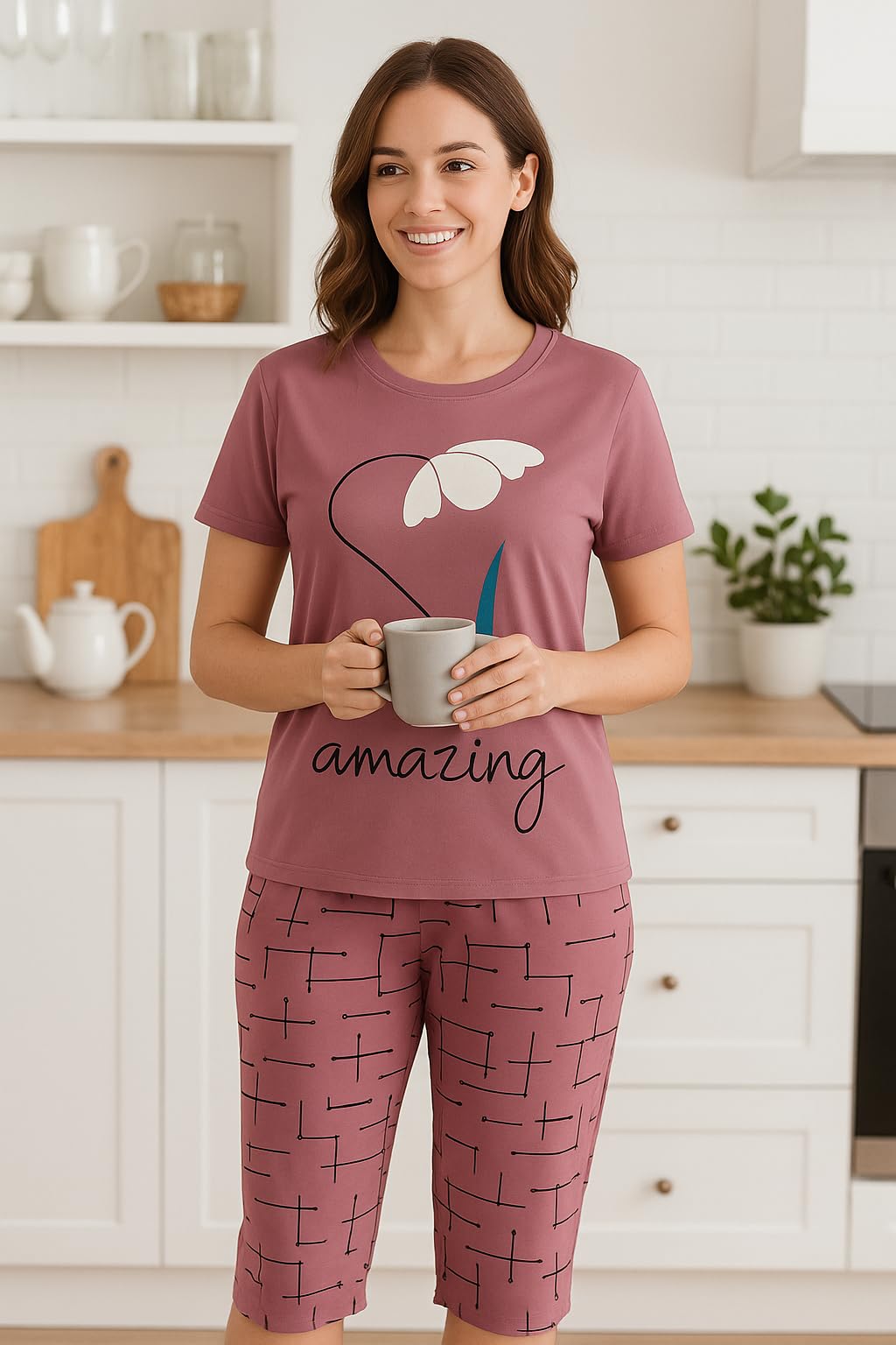 KOMFIEZ Women’s 2-Piece Pajama Set “Amazing” Floral Tee & Capri Pants Soft Cotton Multiple Colors One Size Fits Most (S–L)