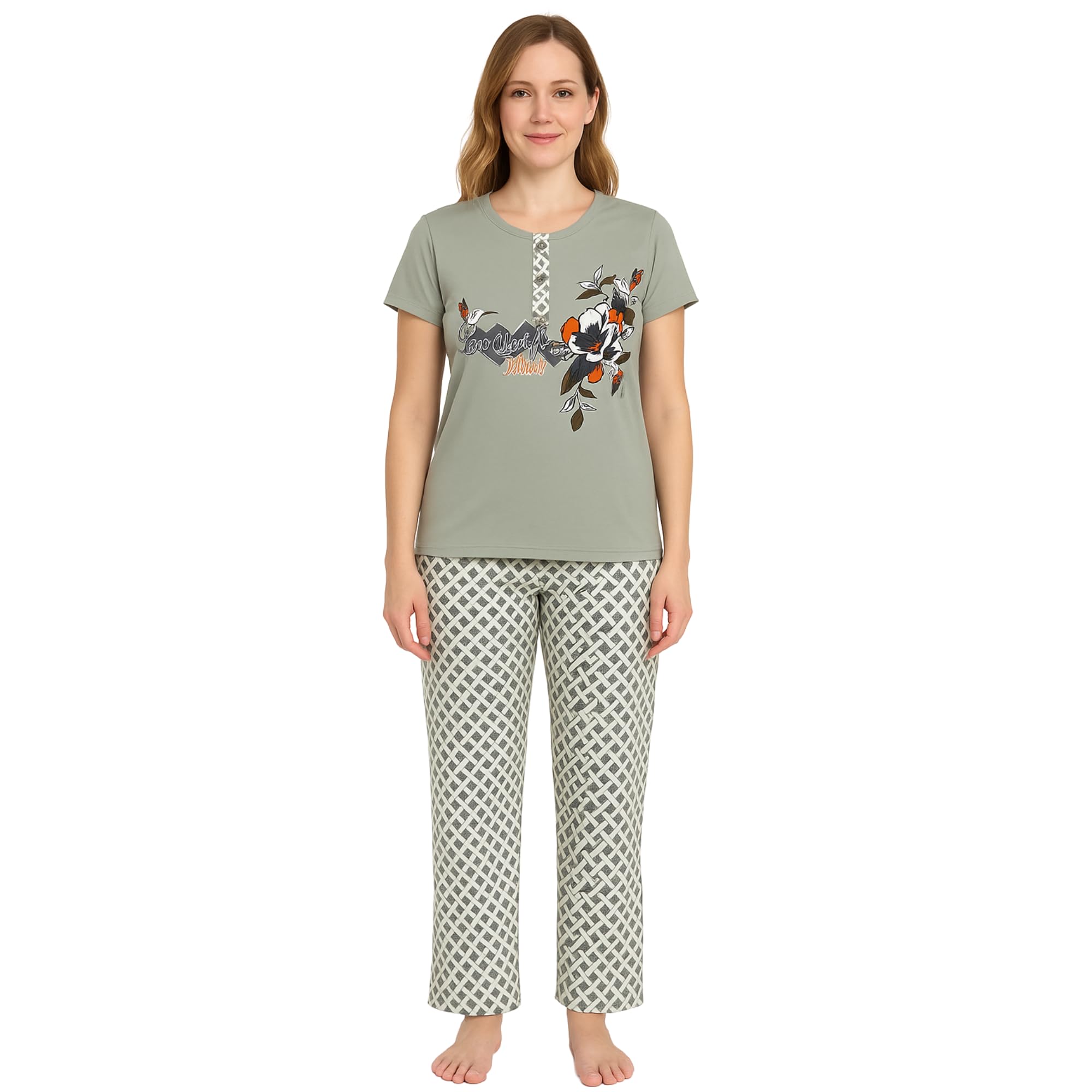 KOMFIEZ Women’s Pajama Set – Silver Mist – 2-Piece Soft Cotton Lounge Sleepwear with “Love Yourself” Floral Tee & Printed Pants – One Size Fits Most (S–XL)