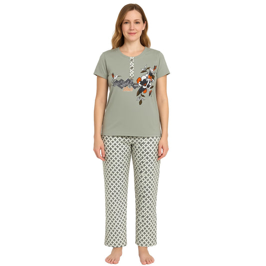 KOMFIEZ Women’s Pajama Set – Silver Mist – 2-Piece Soft Cotton Lounge Sleepwear with “Love Yourself” Floral Tee & Printed Pants – One Size Fits Most (S–XL)