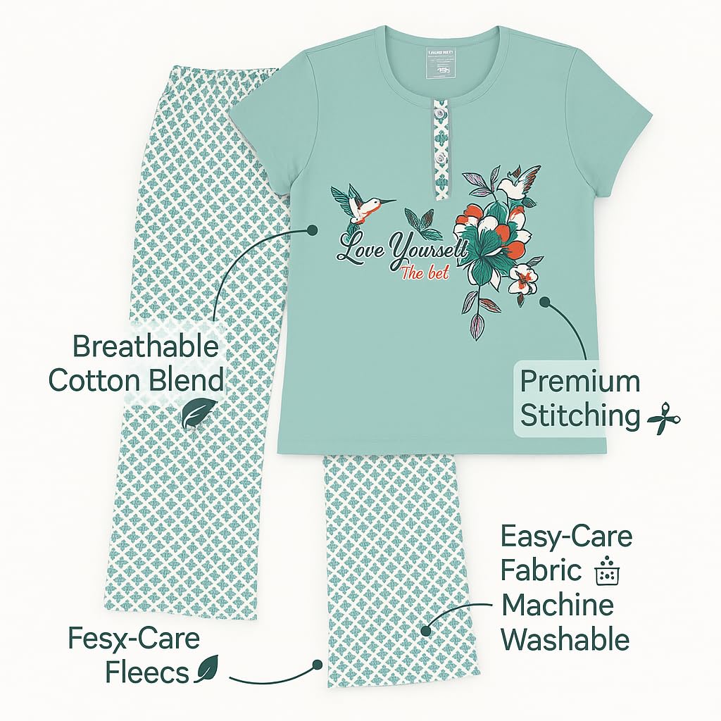 KOMFIEZ Women’s Pajama Set – Ocean Mint 2-Piece Cotton Lounge Set with “Love Yourself” Floral Print – One Size (S–XL)