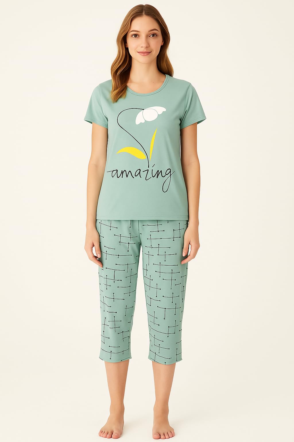 KOMFIEZ Women’s 2-Piece Pajama Set “Amazing” Floral Tee & Capri Pants Soft Cotton Multiple Colors One Size Fits Most (S–L)