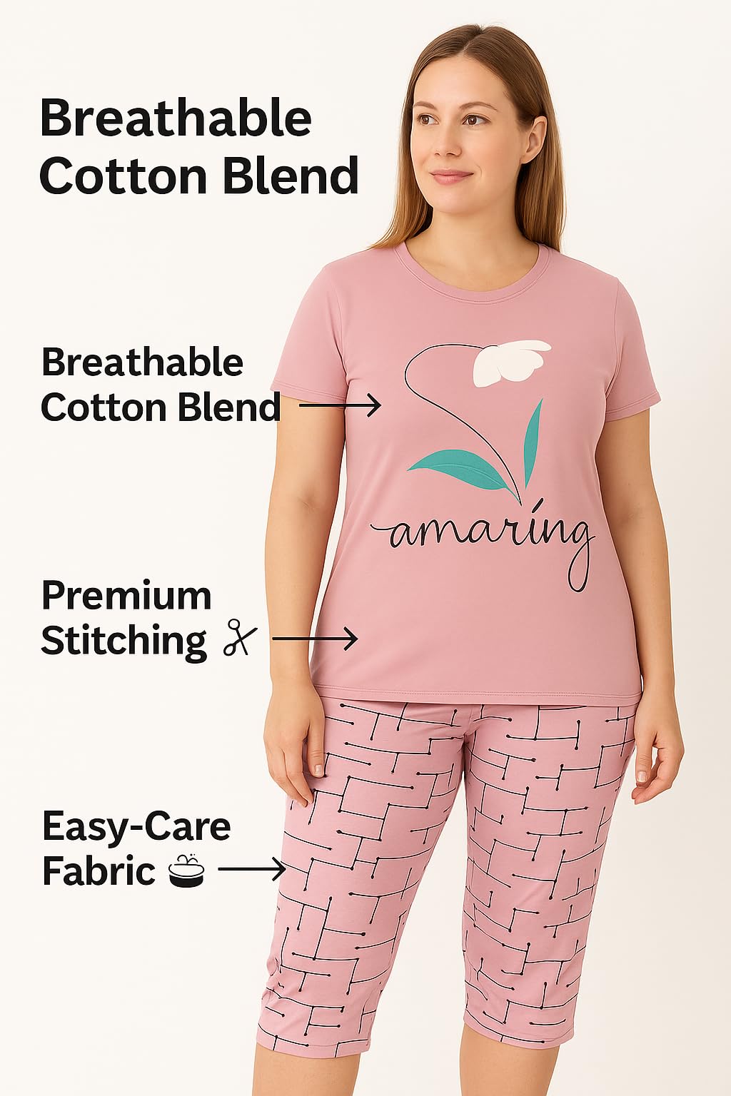 KOMFIEZ Women’s 2-Piece Pajama Set “Amazing” Floral Tee & Capri Pants Soft Cotton Multiple Colors One Size Fits Most (S–L)