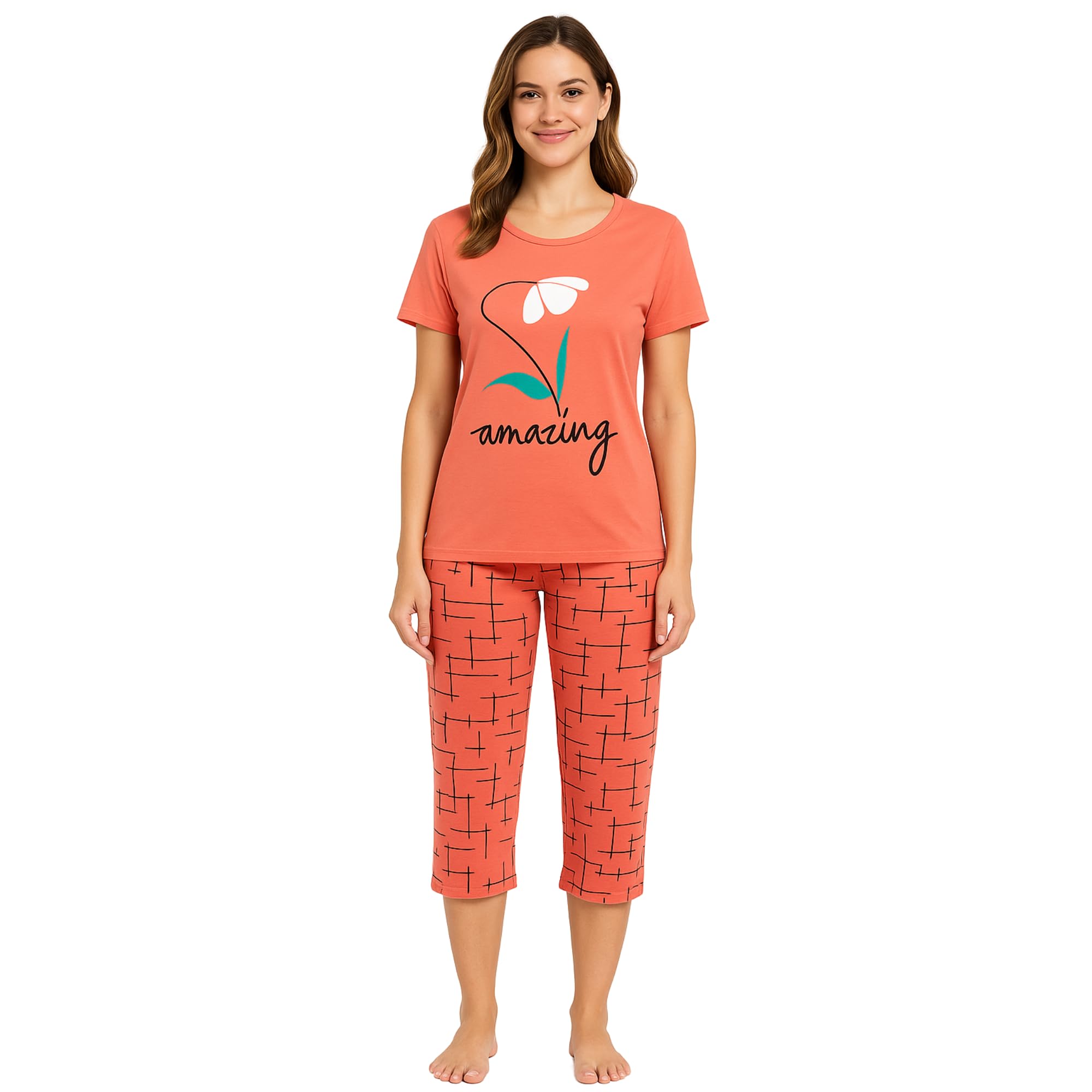 KOMFIEZ Women’s 2-Piece Pajama Set “Amazing” Floral Tee & Capri Pants Soft Cotton Multiple Colors One Size Fits Most (S–L)