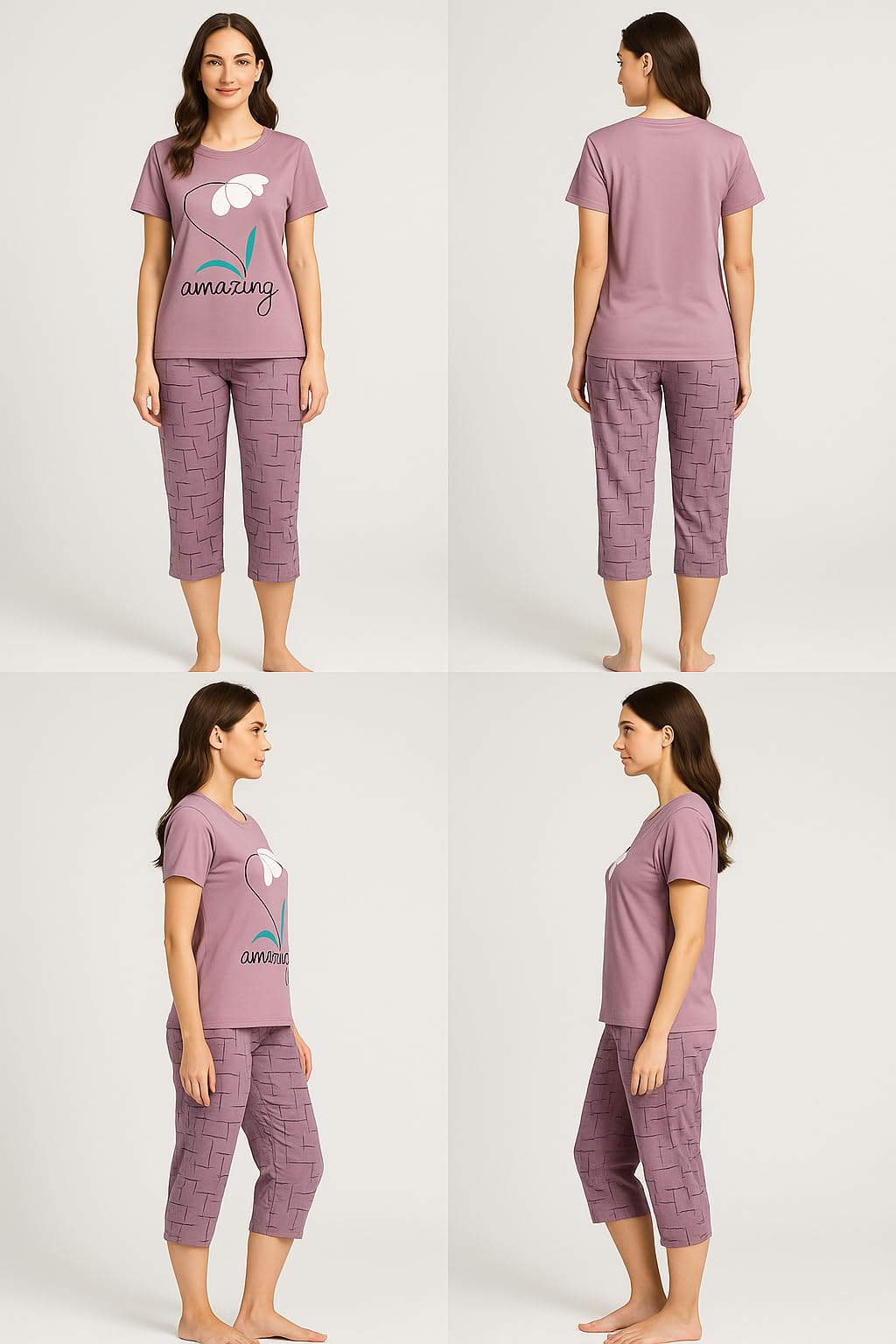KOMFIEZ Women’s 2-Piece Pajama Set “Amazing” Floral Tee & Capri Pants Soft Cotton Multiple Colors One Size Fits Most (S–L)