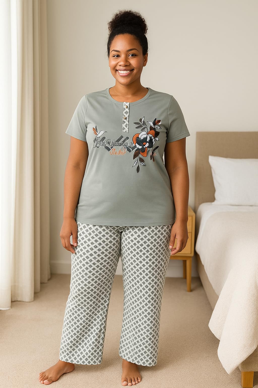 KOMFIEZ Women’s Pajama Set – Silver Mist – 2-Piece Soft Cotton Lounge Sleepwear with “Love Yourself” Floral Tee & Printed Pants – One Size Fits Most (S–XL)