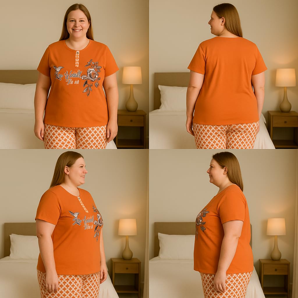 KOMFIEZ Women’s 2-Piece Pajama Set – Spiced Amber – “Love Yourself The Best” Floral Tee & Printed Lounge Pants – One Size Fits Most (S–XL)