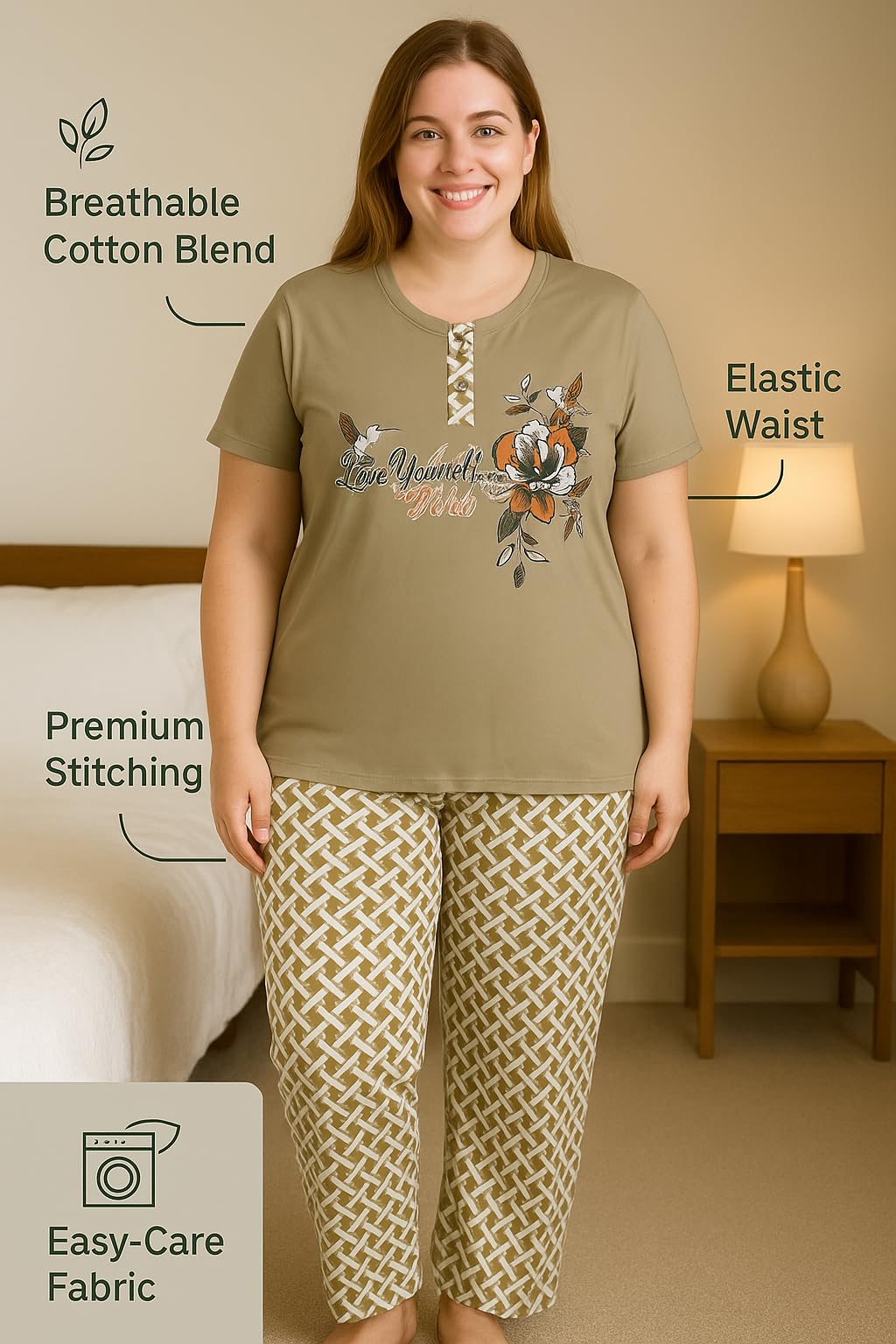 KOMFIEZ Women’s 2-Piece Pajama Set – Sage Serenity – “Love Yourself The Best” Floral Tee & Printed Lounge Pants – One Size Fits Most (S–XL)
