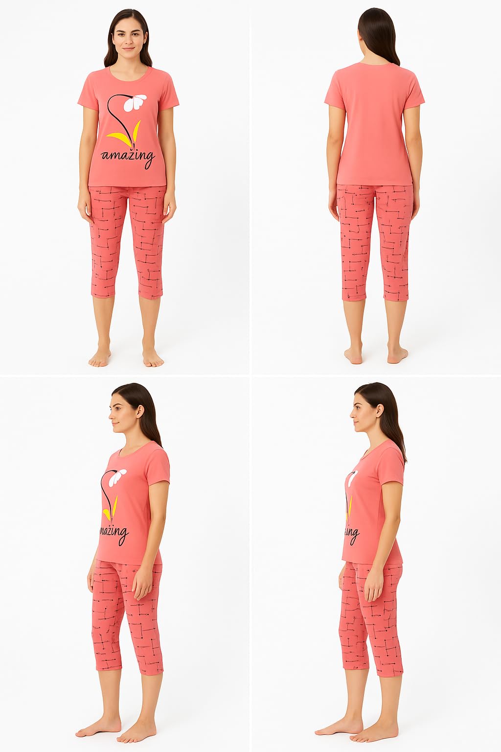 KOMFIEZ Women’s 2-Piece Pajama Set “Amazing” Floral Tee & Capri Pants Soft Cotton Multiple Colors One Size Fits Most (S–L)