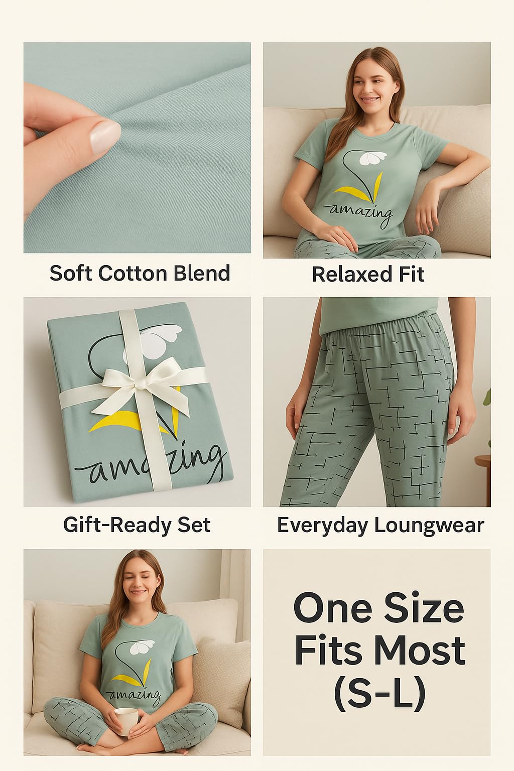 KOMFIEZ Women’s 2-Piece Pajama Set “Amazing” Floral Tee & Capri Pants Soft Cotton Multiple Colors One Size Fits Most (S–L)