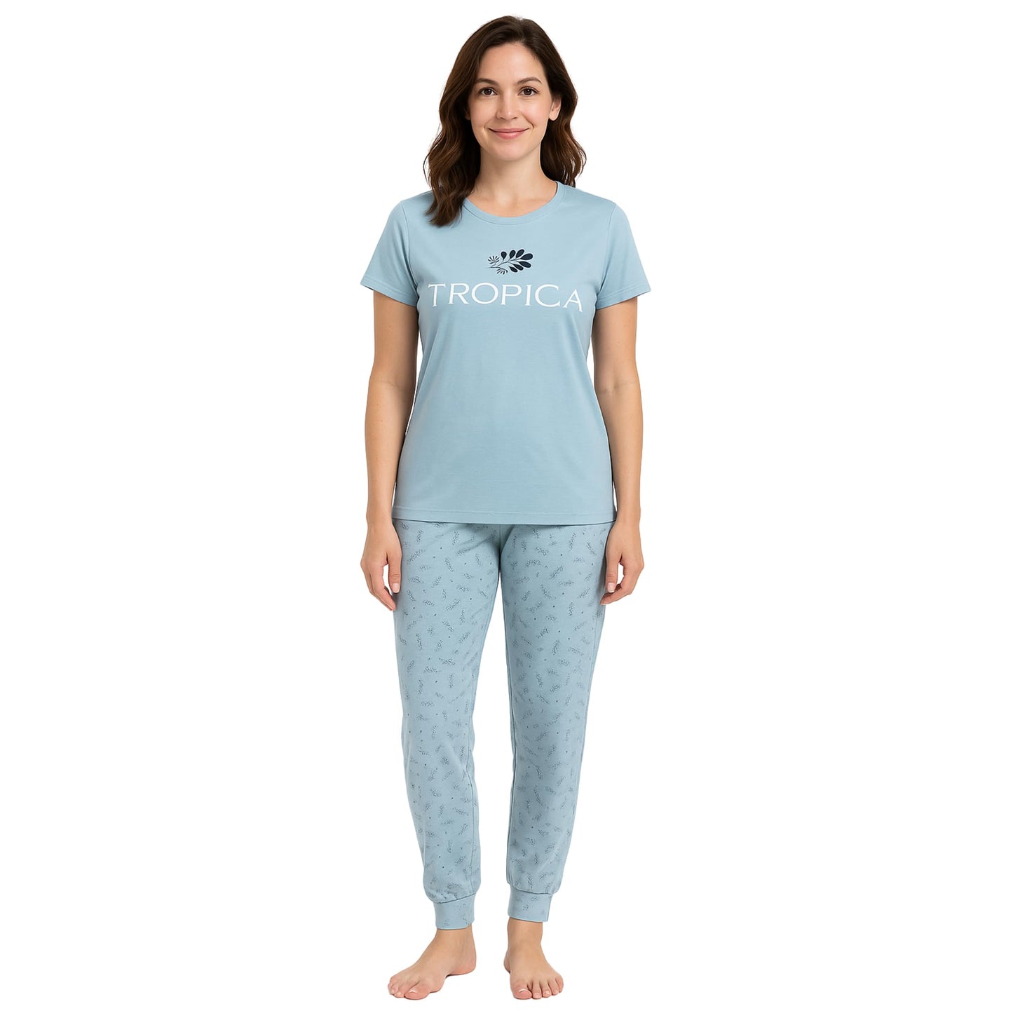 KOMFIEZ Women’s TROPICA Pajama Set – Soft Cotton 2-Piece Loungewear with Printed Short Sleeve Top & Long Pants (S–L)