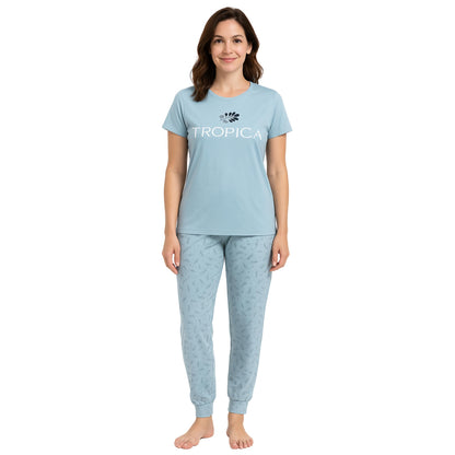 KOMFIEZ Women’s TROPICA Pajama Set – Soft Cotton 2-Piece Loungewear with Printed Short Sleeve Top & Long Pants (S–L)