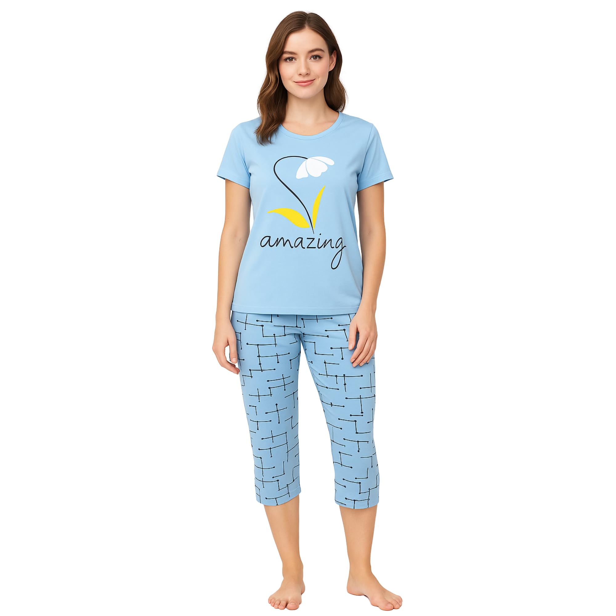 KOMFIEZ Women’s 2-Piece Pajama Set “Amazing” Floral Tee & Capri Pants Soft Cotton Multiple Colors One Size Fits Most (S–L)