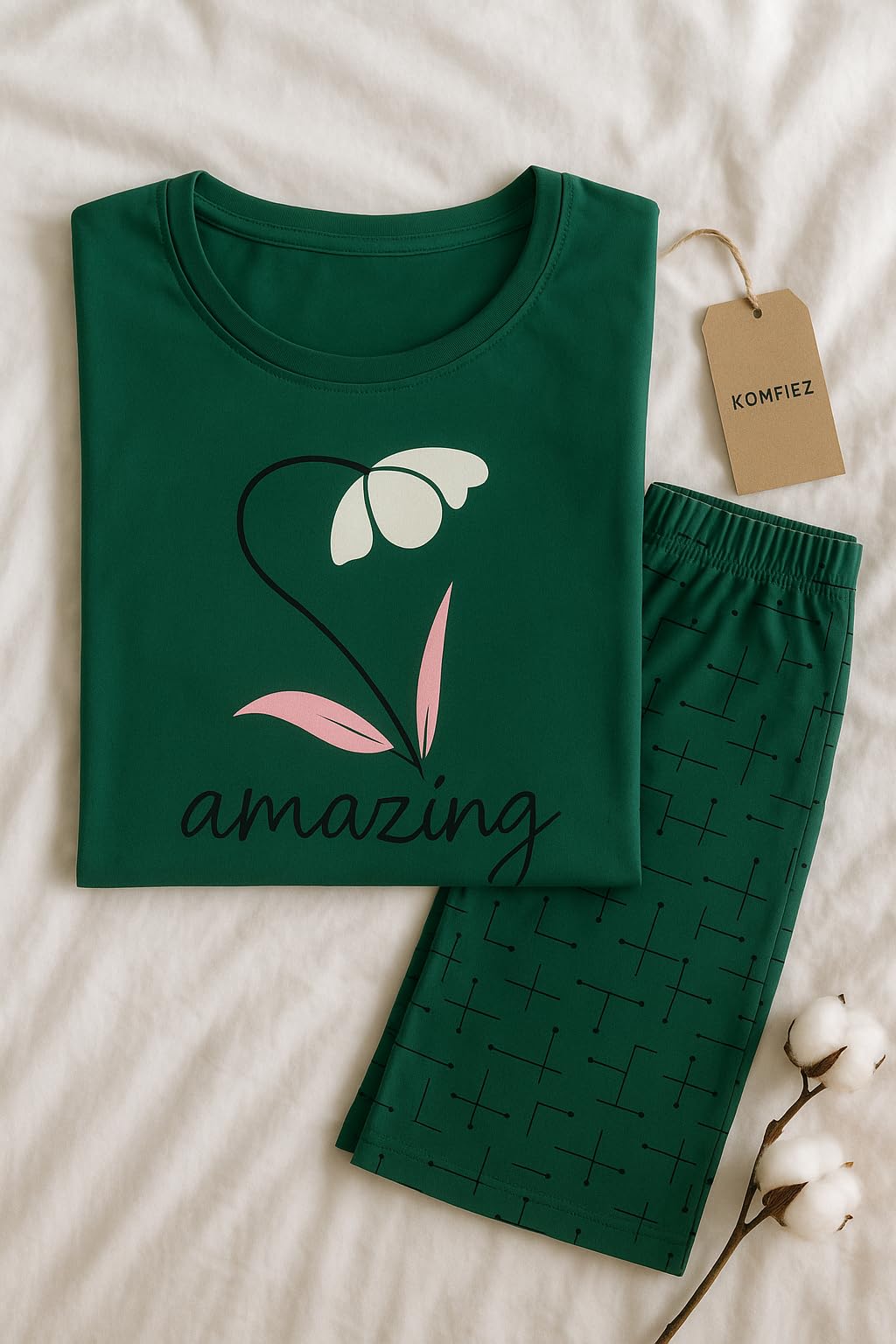 KOMFIEZ Women’s 2-Piece Pajama Set “Amazing” Floral Tee & Capri Pants Soft Cotton Multiple Colors One Size Fits Most (S–L)