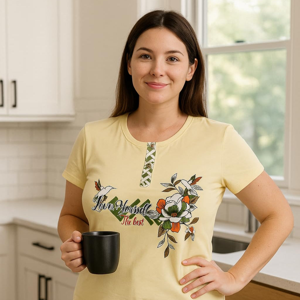 KOMFIEZ Women’s 2-Piece Pajama Set – Lemon Crème – “Love Yourself The Best” Floral Tee & Printed Lounge Pants – One Size Fits Most (S–XL)